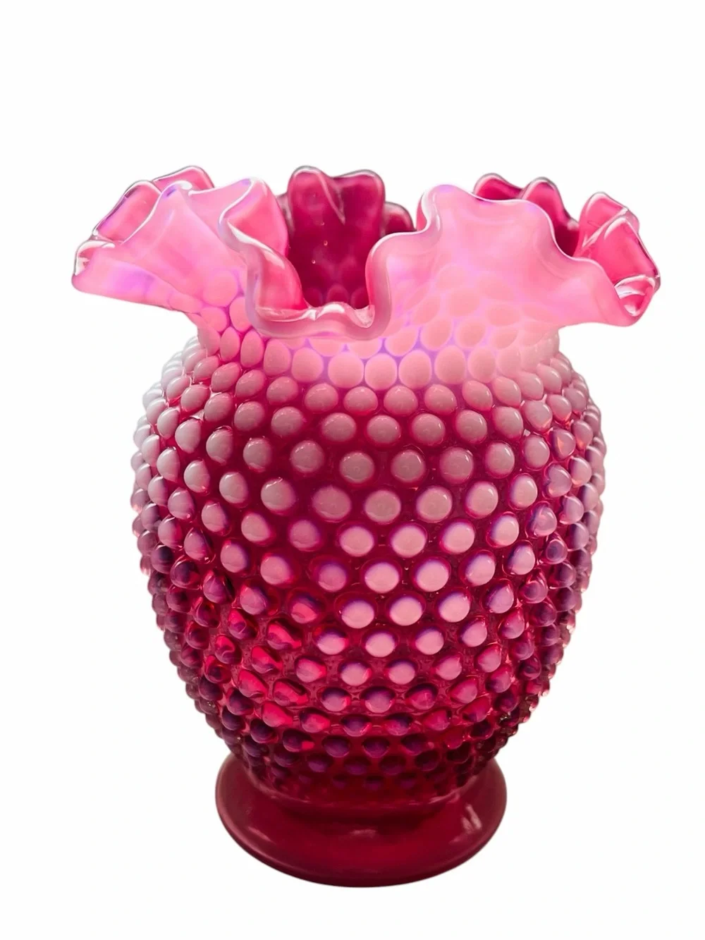 Vintage Fenton Cranberry Opalescent Glass Hobnail Crimped Vase